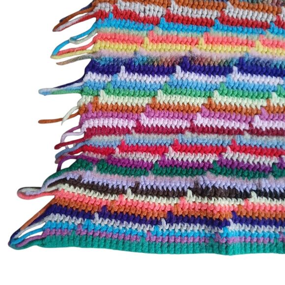 1980's Crochet Afghan Blanket Retro Rainbow Throw Fringe Ends Upcycled 67" x 52" - Picture 8 of 14